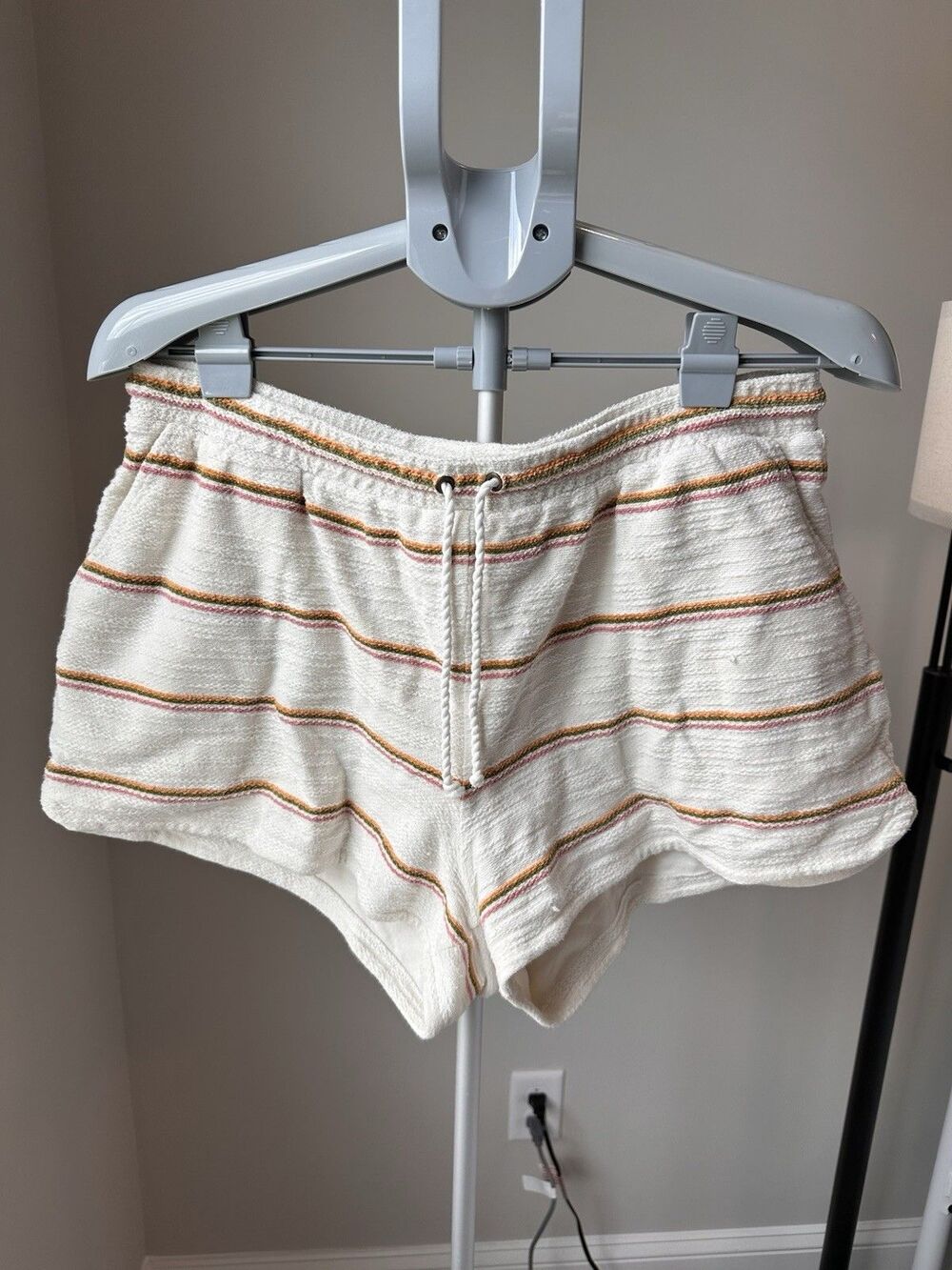 Faherty Womens Drawstring Shorts Size L Cream Pink Green Stripe Textured Cotton